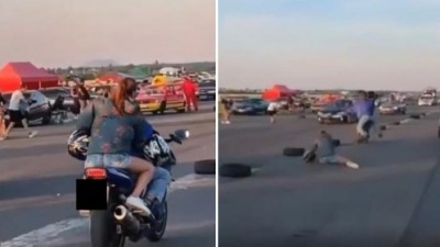 VIDEO: Další bolestivá havárie z Car Wars! Na machrování tvrdě doplatil motorkář se spolujezdkyní