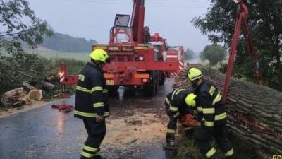 Silný vítr porážel stromy, Středočeským krajem se hnaly i přívalové deště