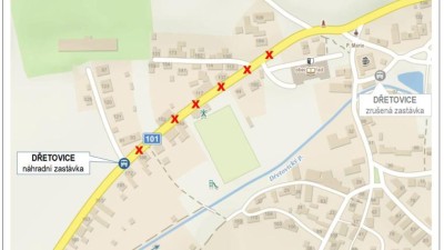 Kladensko: Uzavírka komunikace v obci Dřetovice ukončuje linku 629 mimo stálou zastávku